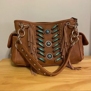 NWT! Montana West western style faux turquoise and fringe leather purse.